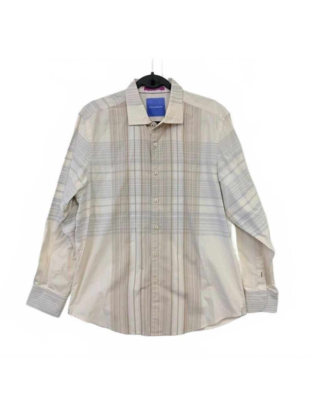 Tommy Bahama Mens Large Beige Blue Plaid Long Sleeve Button Down Shirt Cotton